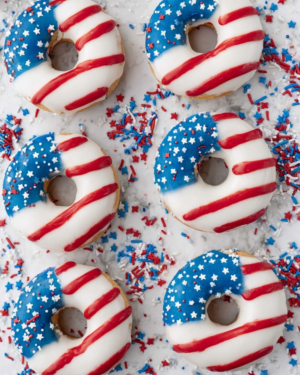 There are six donuts laid out on a white marbled surface, each decorated to look like the American flag. The donuts have a smooth white icing base. One corner of each donut is covered in blue icing with small white dots that look like stars. Across the rest of each donut, red stripes made with icing are drawn horizontally. Red, white, and blue sprinkles shaped like stars and dots are scattered around the donuts on the white marbled surface, adding extra color and decoration. Photo taken with an iphone --ar 4:5 --v 7