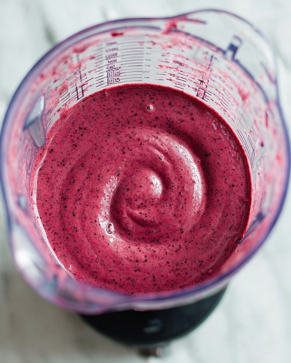 The image shows a close-up of a blender container filled with a thick, smooth berry-colored mixture that has dark specks throughout. The mixture's surface has a slight swirl texture from blending. The clear blender container has measurement markings on the side and sits on a black base. The background is a white marbled texture. photo taken with an iphone --ar 4:5 --v 7