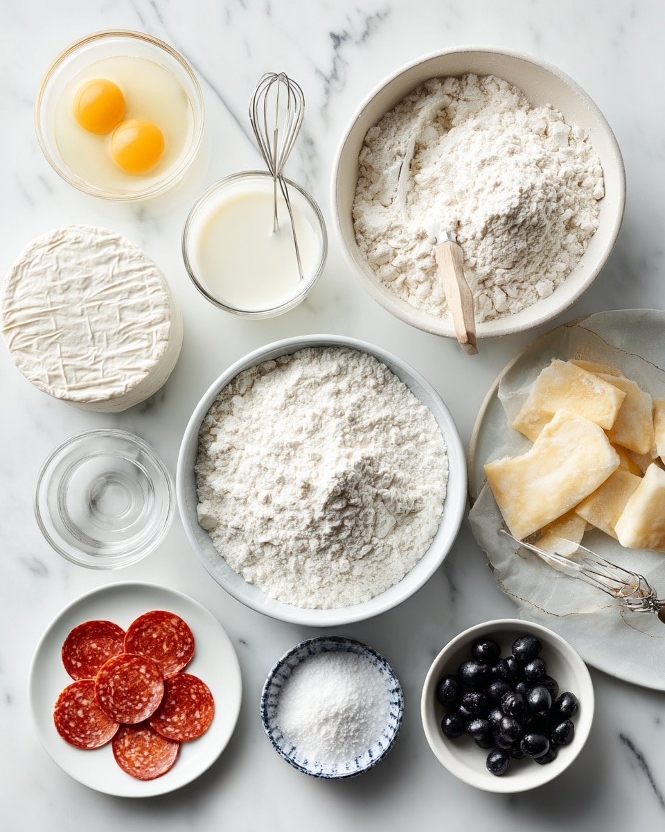 Top-down professional food photography, flat lay style, bright white marble countertop, neatly arranged, evenly spaced, tidy, clean organized layout. Include: bowl of all-purpose flour, small bowl with puff pastry sheet piece, small plate with wheel of brie cheese, small glass cup with whisked egg and milk mixture, small plate with mini pepperoni slices, small plate with sliced black olives. Bright soft natural lighting, sharp focus, high detail textures, realistic reflections, professional DSLR look, 4K. No finished dish, no cooked food, no hands, no text, no watermark, no brand logos --ar 4:5 --v 7