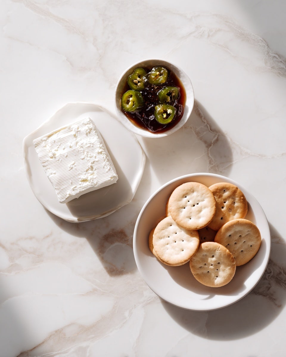 Top-down professional food photography flat lay style, bright white marble countertop, neatly arranged, evenly spaced, tidy, clean organized layout, include: block of cream cheese on a small plate, small bowl of jalapeno pepper jelly, round crackers on a white ceramic plate, bright soft natural lighting, sharp focus, high detail textures, realistic reflections, professional DSLR look, 4K, no finished dish, no cooked food, no hands, no text, no watermark, no brand logos --ar 4:5 --v 7