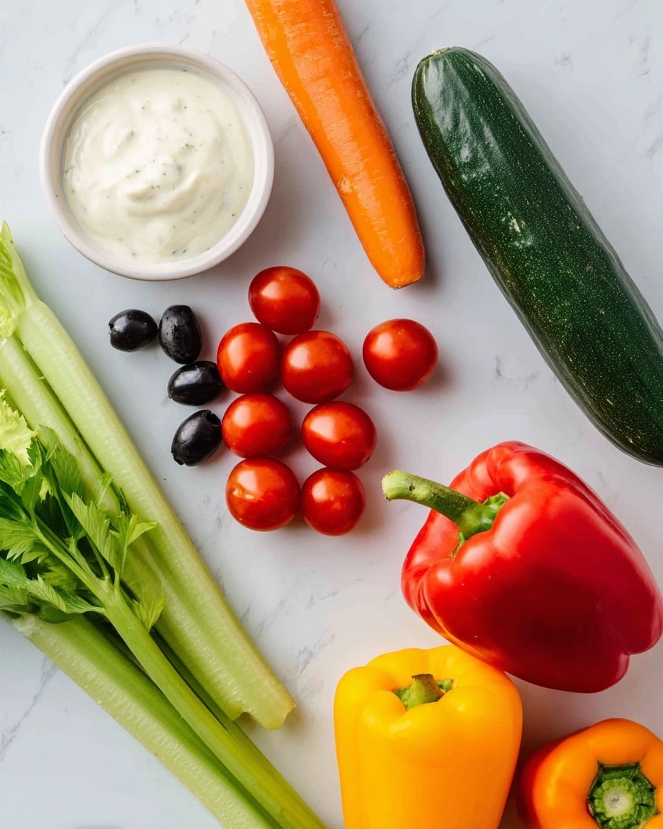 The image shows a white marbled surface with a white bowl of creamy dressing in the top left corner. To the right, there is a long orange carrot and next to it a dark green cucumber. Below the carrot, there is a cluster of small red cherry tomatoes. Two black olives are placed near the center. On the bottom left, there are fresh green celery stalks. At the bottom right, there are three bell peppers, one red, one yellow, and one orange, all arranged slightly close to each other. The scene is well lit and clean, with a woman's hand just barely touching the celery. Photo taken with an iphone --ar 4:5 --v 7