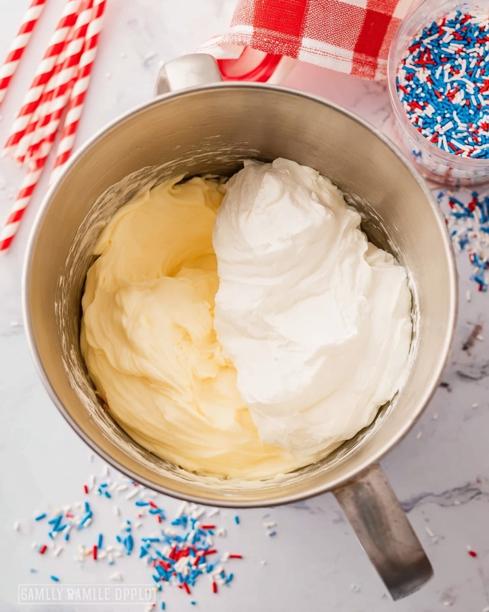 A close-up view inside a shiny metal mixing bowl shows two thick creamy layers: one pale yellow and smooth, and the other bright white and fluffy, both sitting next to each other without mixing yet. The bowl is part of a mixer, and it sits on a white marbled surface scattered with blue, red, and white sprinkles. In the background, there is a red and white checkered cloth and a few red-striped straws. The scene looks bright and clean, ready for more mixing and baking. photo taken with an iphone --ar 4:5 --v 7