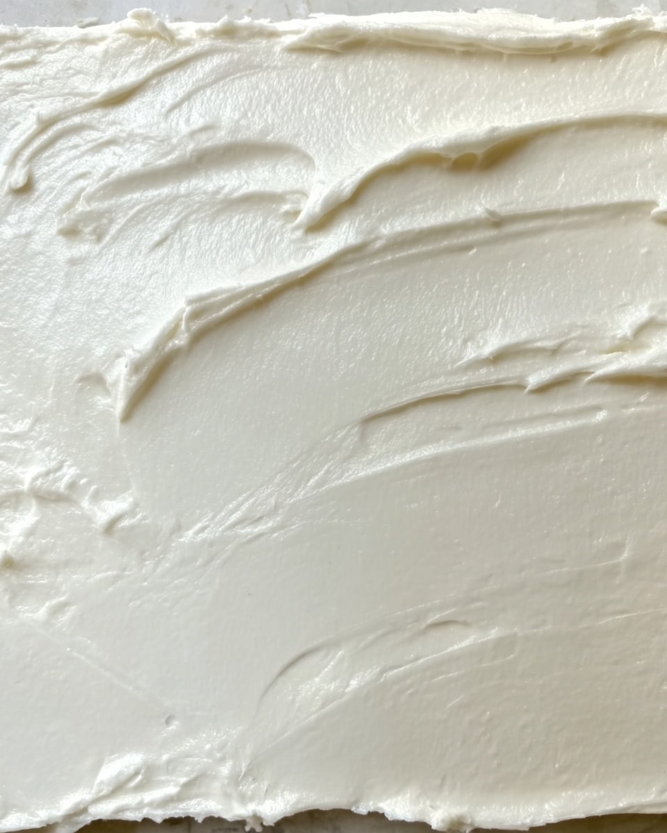 A thick, even layer of smooth white cream spread across a flat surface with a slightly textured finish and soft, uneven strokes visible in the cream's surface. The background shows a white marbled texture. Photo taken with an iphone --ar 4:5 --v 7