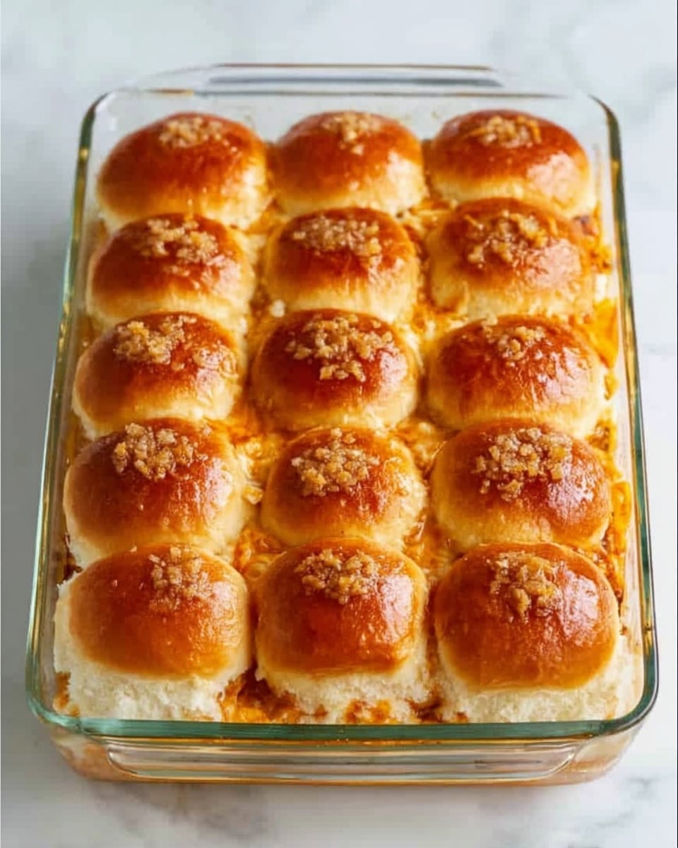 The image shows a glass baking dish filled with twelve golden brown slider buns arranged in a 3 by 4 grid. Each bun has a shiny, slightly toasted top with small bits of toasted garlic sprinkled evenly over them. The buns are soft with a slightly puffed texture, sitting close together so the sides touch. Underneath the buns, melted cheese and some sauce can be seen bubbling around the edges, showing a rich, gooey layer beneath the top bread layer. The glass dish is placed on a white marbled surface, with a clean and bright background. photo taken with an iphone --ar 4:5 --v 7