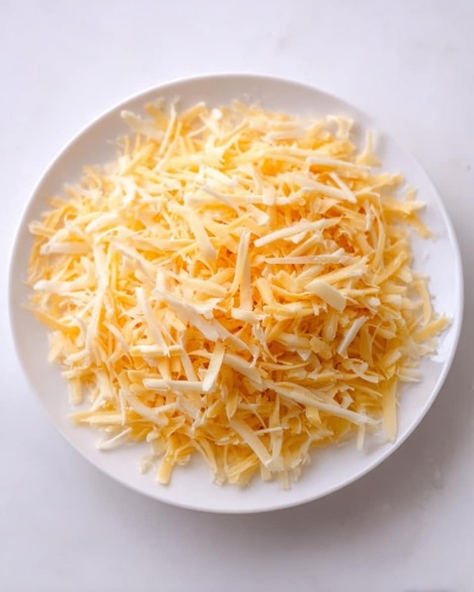 A white round plate filled with a large pile of shredded cheese. The cheese has a mix of light yellow and pale orange thin strips, all loosely layered in the center of the plate. The background surface is a white marbled texture, clean and bright, highlighting the cheese. photo taken with an iphone --ar 4:5 --v 7