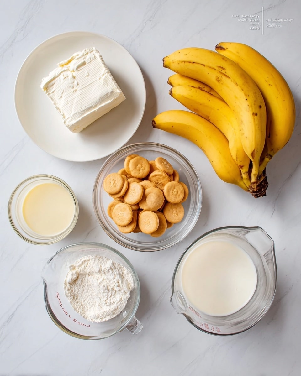 The image shows a white marbled surface with six ingredients placed neatly, arranged in a simple layout. At the top right, a bunch of ripe yellow bananas is visible. Below the bananas, there are two clear glass bowls; one bowl contains small round light brown wafers, and the other bowl holds a white powder, likely flour. To the left, there is a block of white cream cheese on a white plate and two clear glass measuring cups filled with creamy yellow and white liquids. The overall look is clean and organized with soft natural light. photo taken with an iphone --ar 4:5 --v 7