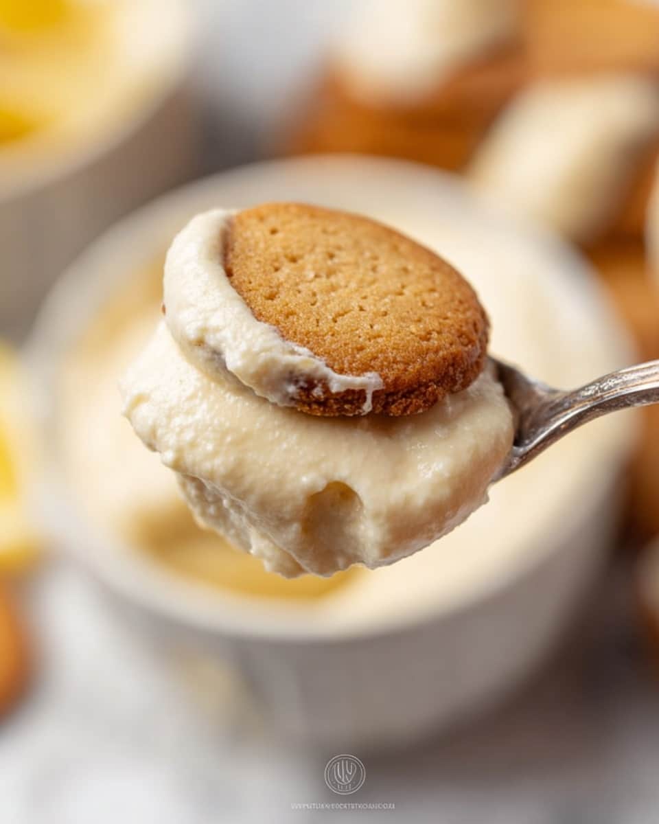 A close-up of a spoon holding a round golden cookie on top of a thick layer of creamy white pudding with a smooth texture, with a blurred white bowl filled with more of the same creamy pudding and cookies in the background. The surface is a white marbled texture. Photo taken with an iphone --ar 4:5 --v 7