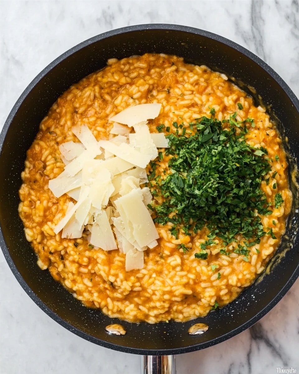 The image shows a black pan filled with creamy orange risotto, with visible rice grains cooked to a soft texture. On top of the risotto, there are two distinct toppings placed side by side: a pile of white cheese slices, thin and uneven, on the left, and a bunch of finely chopped green herbs on the right. The pan sits on a white marbled surface, giving a clean and bright background. photo taken with an iphone --ar 4:5 --v 7