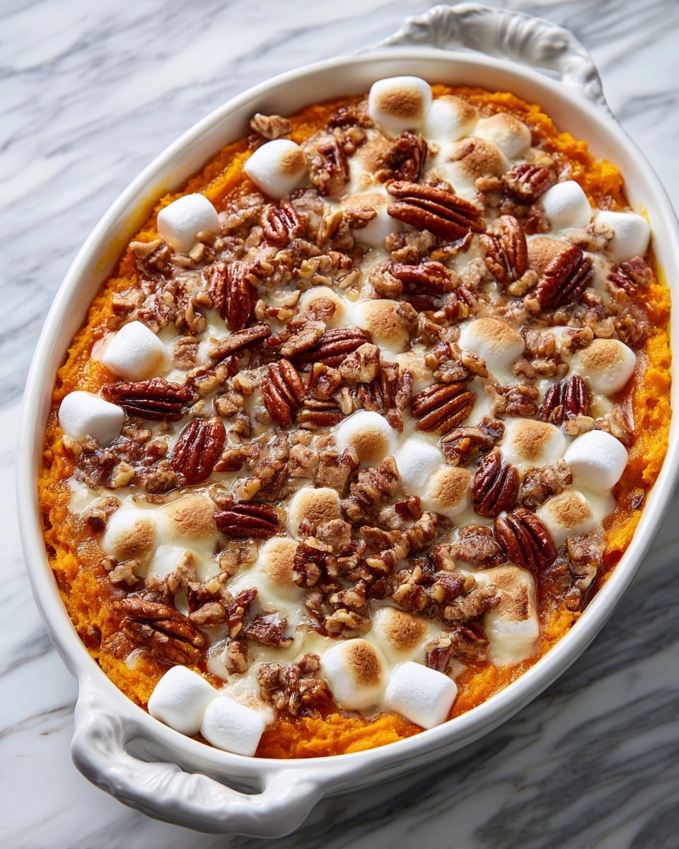 The dish is an oval white cooking pot filled with a layered casserole. The bottom layer is soft, mashed orange sweet potatoes, which cover the whole base. Scattered across and partially mixed in are large white marshmallows, some slightly melted. A generous layer of toasted pecans is spread over the top, adding rich brown color and a crunchy texture contrast. The pot sits on a white marbled surface. photo taken with an iphone --ar 4:5 --v 7