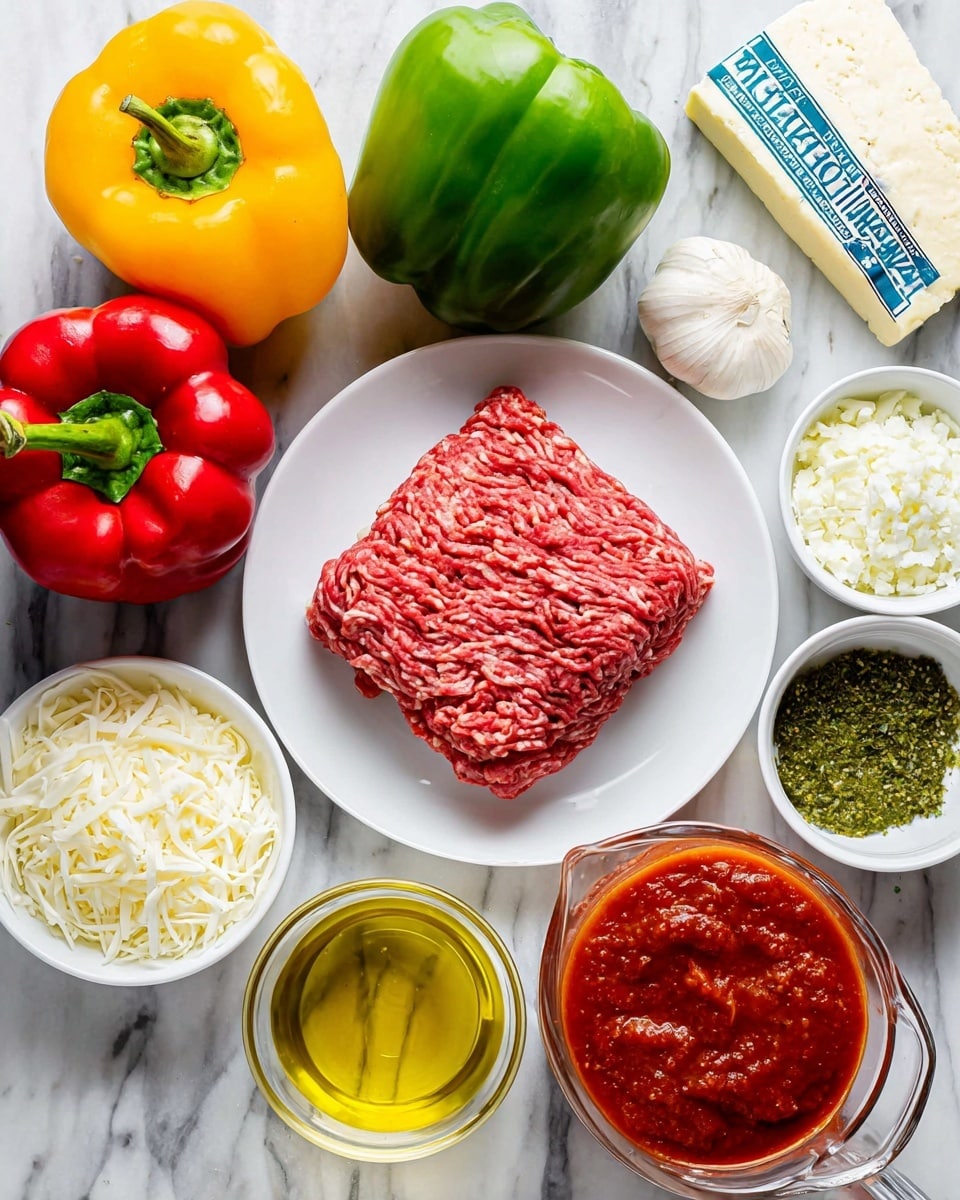 A white plate holds a thick square of raw ground meat with a deep red color and a smooth, slightly marbled texture, placed on a white marbled surface. Surrounding it are three green bell peppers and two red bell peppers, all shiny and smooth with their stems attached. Next to the peppers, there is a small glass bowl filled with golden yellow olive oil, and a rectangular block of soft white farmer cheese in blue packaging. Several small white bowls contain different ingredients: one with finely chopped white onions, another with white shredded cheese, a third with chopped garlic and dried green herbs, and a fourth with a smooth green pesto sauce. A large clear glass measuring cup holds a thick, rich red tomato sauce. Everything is arranged neatly, showing fresh, colorful, and textured ingredients for cooking photo taken with an iphone --ar 4:5 --v 7