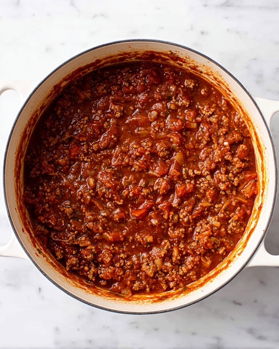 A large white pot filled with thick, rich red-brown meat sauce. The sauce has visible small chunks of browned meat mixed with finely diced translucent onions and small pieces of tomatoes and herbs throughout. The texture looks hearty and chunky with a glossy surface, sitting evenly in the pot with some sauce streaks near the edges. The pot is placed on a white marbled surface with two white handles visible on each side photo taken with an iphone --ar 4:5 --v 7
