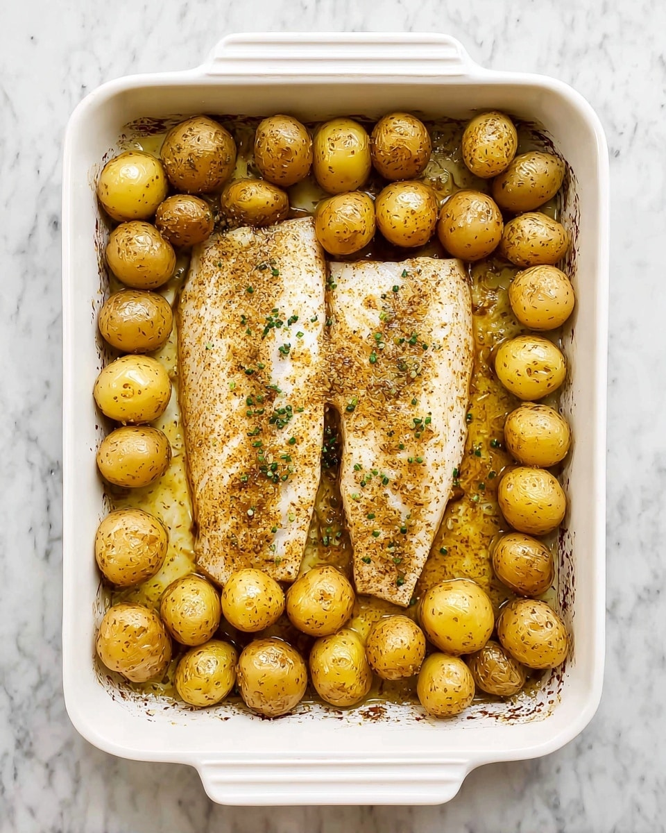 The image shows a white rectangular baking dish with two large golden brown fish fillets placed side by side in the center. Surrounding the fish in a neat circle are many small round potatoes, each lightly coated with seasoning, giving them a slightly speckled golden color. The baking dish rests on a white marbled surface, and the food looks baked with a slight oily sheen visible on both the potatoes and the fish. photo taken with an iphone --ar 4:5 --v 7