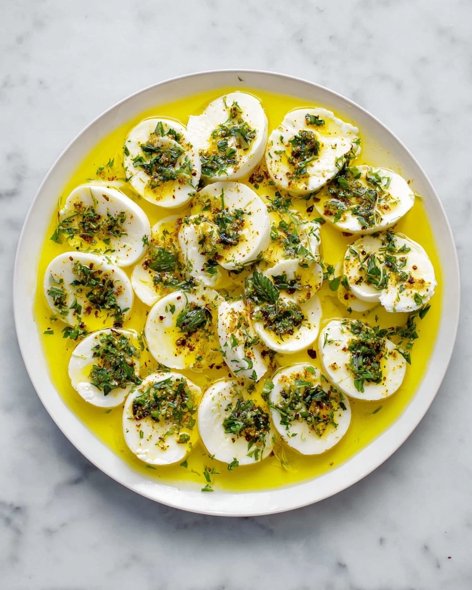 The image shows a white round plate on a white marbled surface. On the plate, there are 18 slices of white cheese neatly arranged in a single layer, each slice topped with a green herb garnish and a drizzle of golden olive oil mixed with small bits of seasoning, creating a shiny, slightly textured surface. The cheese slices are evenly coated, and the olive oil pools around them, forming a bright yellow layer that contrasts with the white cheese and green herbs. The overall look is fresh and colorful, with a clean and simple presentation. photo taken with an iphone --ar 4:5 --v 7
