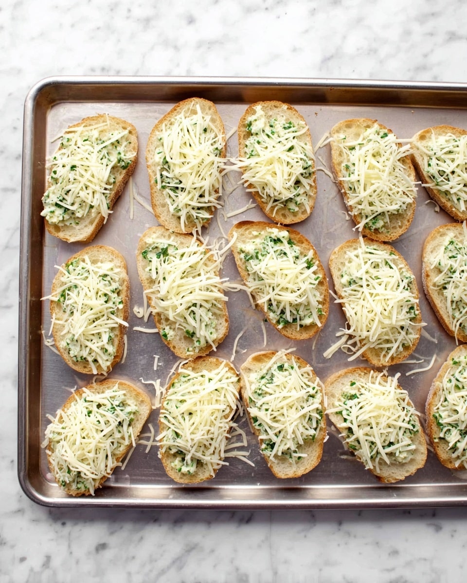 The image shows a baking tray with twelve small slices of bread spread with a green and white herb mixture, topped with shredded white cheese. The bread slices are arranged in three rows on the tray. The tray is placed on a white marbled surface. The herb layer looks creamy with small green bits evenly spread. The shredded cheese is scattered thickly above the herb mix, covering most of the green and white spread on each slice. Photo taken with an iphone --ar 4:5 --v 7