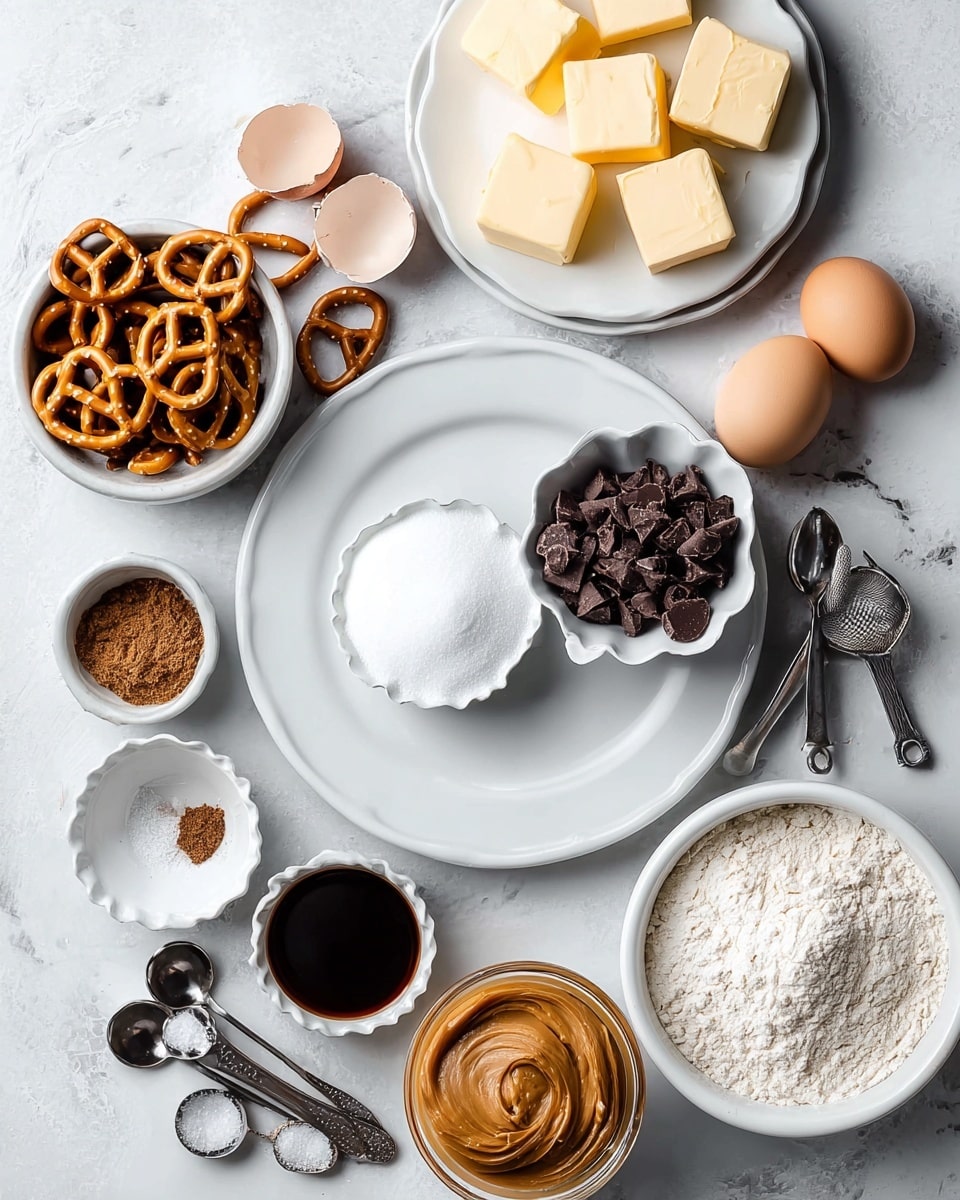 The image shows a variety of baking ingredients placed on a white marbled surface. In the center is a large white round plate holding a smaller white bowl with white sugar, a tiny scalloped white dish with salt, and a white measuring cup filled with dark brown chocolate chunks. To the top left of the plate, there is a small white bowl filled with pretzels, and nearby are two cracked eggshells beside a white egg. Above the plate, there is another white plate holding square pieces of pale yellow butter, and a small grey bowl with coarse salt. Below the main plate, there is a small white bowl of dark brown sugar, a white scalloped bowl with a dark liquid (likely vanilla), and a silver measuring cup filled with smooth light brown peanut butter. To the right edge is a white bowl filled with fine white flour. Three silver measuring spoons lie on the main plate next to the sugar bowl. Photo taken with an iphone --ar 4:5 --v 7