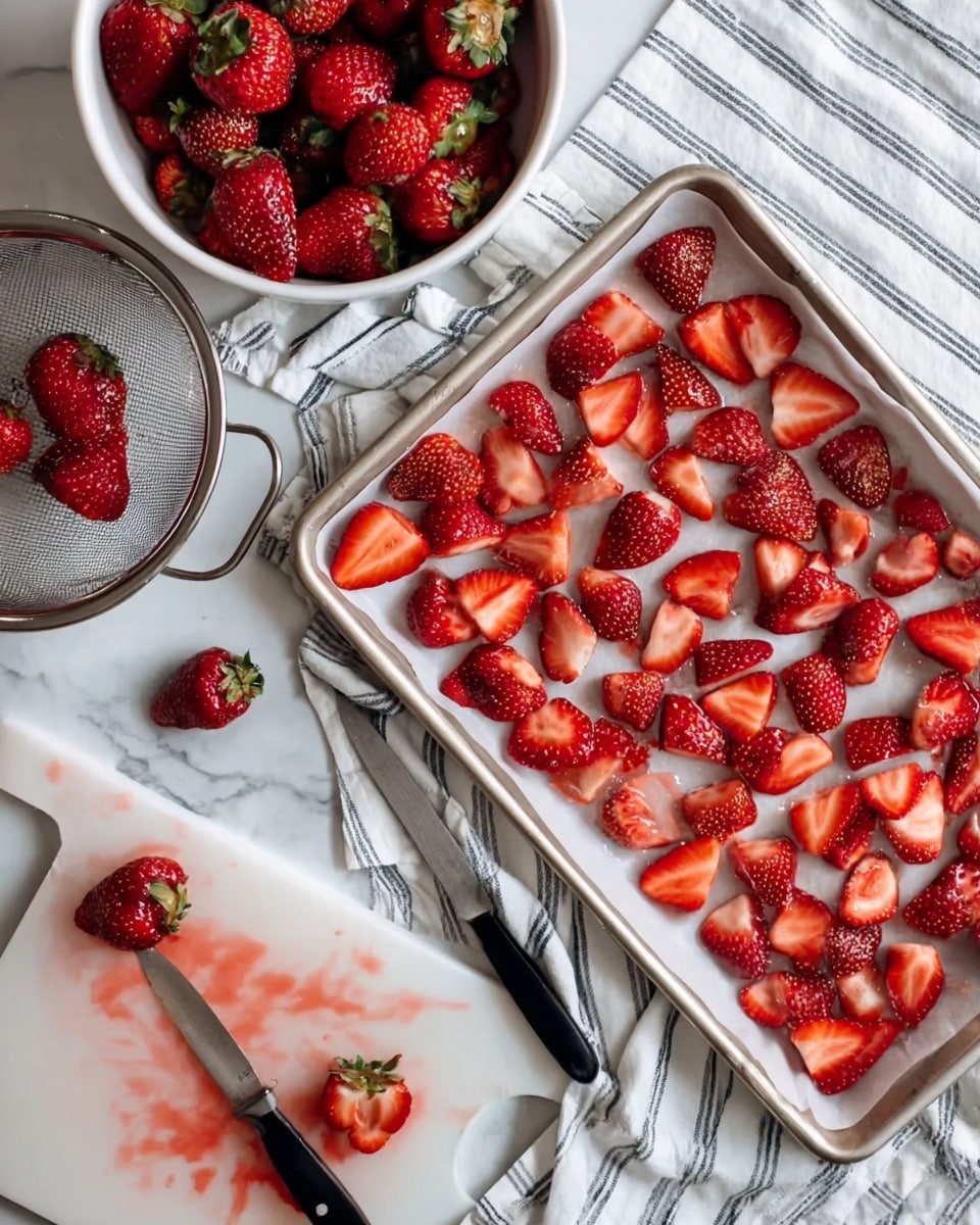 A cooking scene with a baking tray full of thin, evenly sliced red strawberries with visible seeds, arranged closely on a sheet of white parchment paper. The tray sits on a white marbled surface covered with a white cloth featuring thin gray stripes. To the top left, there is a white bowl overflowing with whole strawberries, and below it, a metal colander with a few whole strawberries inside. At the bottom left, a white cutting board with red strawberry juice stains holds a small knife with a black handle piercing a partially sliced strawberry. Two whole strawberries rest near the cutting board on the striped cloth. photo taken with an iphone --ar 4:5 --v 7