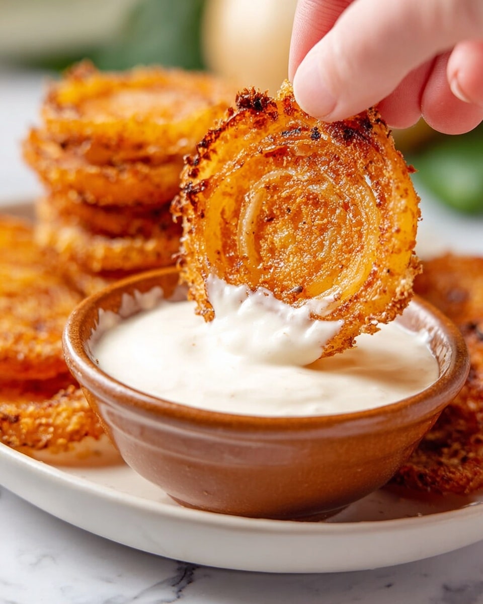 A close-up shows a woman's hand holding a round, crispy, golden-brown onion slice with a rough, textured surface. The onion slice is being dipped halfway into a creamy white sauce with a smooth texture inside a small white bowl. More onion slices are stacked in the background on a white plate that sits on a white marbled surface. The image is well-lit, capturing the onion's crunch and the sauce's creaminess clearly, with some green blurred elements in the background for contrast. photo taken with an iphone --ar 4:5 --v 7