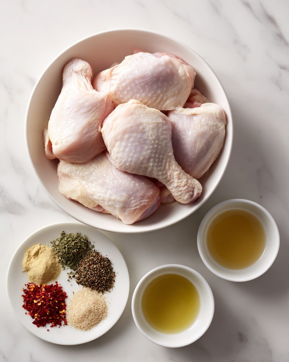 A white bowl holds several large, raw light pink chicken pieces, smooth in texture and slightly shiny. Below it, a small white dish shows an arrangement of various spices and herbs in separate sections: red chili flakes, green dried parsley, black pepper, brownish dried oregano, pale yellow ginger powder, beige garlic powder, and light pink salt. To the right, two small white bowls contain clear liquids—one pale golden, possibly oil, and the other light beige, likely vinegar or lemon juice. All these bowls and dishes sit on a white marbled surface. photo taken with an iphone --ar 4:5 --v 7