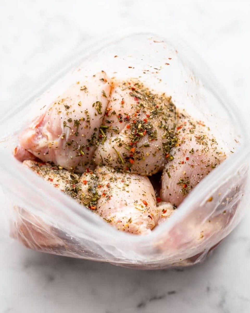 The image shows raw chicken pieces inside a clear plastic zipper bag placed on a white marbled surface. The chicken pieces are spaced inside the bag, lightly coated with a mix of dried herbs and spices, including visible flakes of red pepper and green herbs. The texture of the chicken skin is smooth and pale pink, slightly wet from the marinade, with seasoning spread unevenly on each piece. The bag is open at the top, and the background is soft white marbled, creating a clean and fresh look. photo taken with an iphone --ar 4:5 --v 7