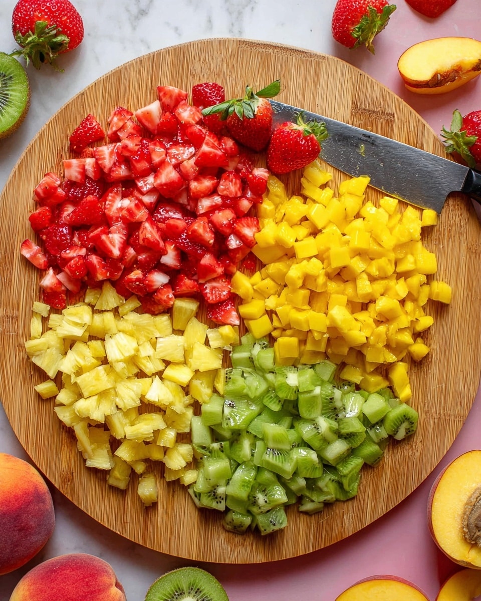 A round wooden cutting board holds four piles of small, diced fruit pieces: bright red strawberries in the top left, golden yellow mango pieces at top right, slightly darker yellow pineapple chunks on the bottom left, and green kiwi pieces on the bottom right. Two whole strawberries with green tops sit near the top edge of the board, and there is a half kiwi fruit beside the kiwi pieces at the bottom. A large knife rests partially in the pile of strawberries. The board is placed on a white marbled surface, surrounded by a few whole peaches and mango halves arranged around it. Photo taken with an iphone --ar 4:5 --v 7