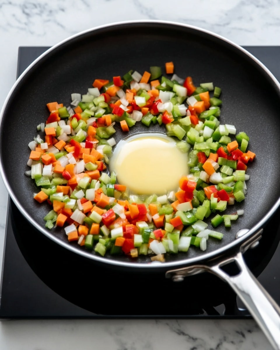 A black frying pan sits on a black stovetop over a white marbled surface, filled with small, bright diced pieces of green celery, red bell pepper, orange carrot, and white onion evenly spread around the pan. In the center of the pan, there is a smooth, creamy dollop of butter melting slowly, adding a soft, light yellow contrast to the colorful vegetables. The pan has two small silver rivets visible on the upper right side and a silver handle pointing upward. Photo taken with an iphone --ar 4:5 --v 7