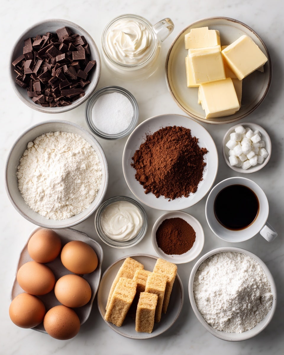 Top-down professional food photography flat lay style, bright white marble countertop, neatly arranged, evenly spaced, tidy, clean organized layout, include: small bowl of finely chopped dark chocolate, small bowl of natural cocoa powder, small plate of unsalted butter cubes, small plate of large eggs, small bowl of granulated sugar, small bowl of brown sugar, small bowl of all-purpose flour, small bowl of cold mascarpone cheese, small bowl of cold whipping cream, small bowl of powdered sugar, small glass bottle of vanilla flavoring, small glass cup of espresso powder dissolved in hot water, small glass cup of coffee flavor liqueur alternative, small plate of ladyfinger biscuits, small bowl of cocoa powder for dusting, bright soft natural lighting, sharp focus, high detail textures, realistic reflections, professional DSLR look, 4K, no finished dish, no cooked food, no hands, no text, no watermark, no brand logos --ar 4:5 --v 7