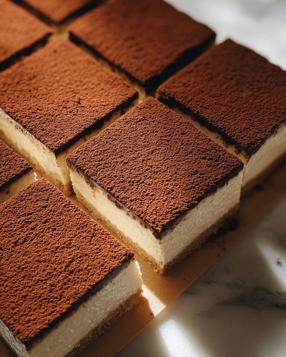 A close-up view of a rectangular dessert sliced into six equal square pieces, showing one visible layer of light creamy texture beneath a thick, even layer of fine dark brown powder dusted on top. The dessert rests on a white marbled surface with soft natural light casting shadows, emphasizing the smooth powdery top and the creamy layer underneath. Photo taken with an iphone --ar 4:5 --v 7