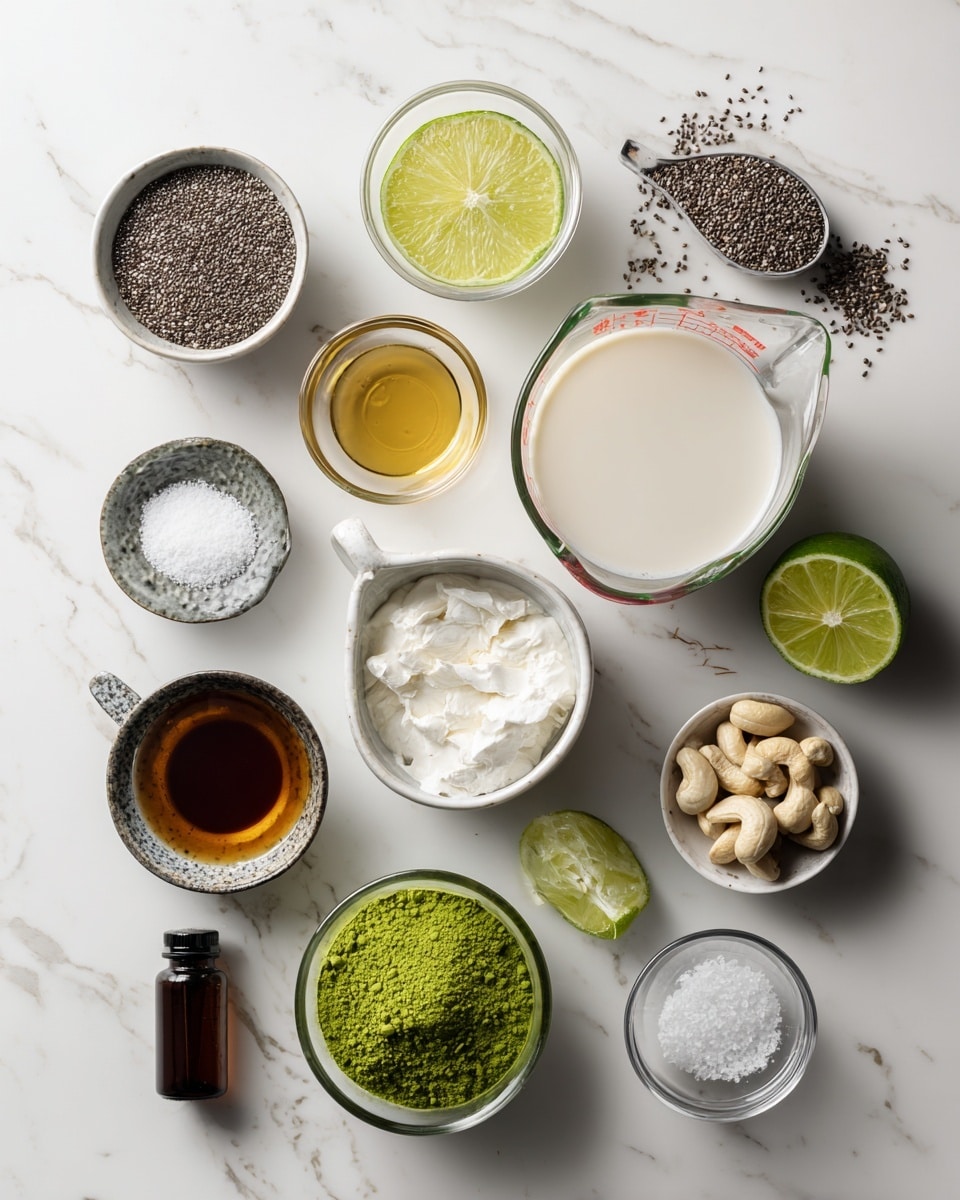 Top-down professional food photography flat lay style, bright white marble countertop, neatly arranged, evenly spaced, tidy, clean organized layout, include: small bowl of chia seeds, glass measuring cup of almond milk, small bowl of fresh key lime zest, small glass cup of maple syrup, small bottle of vanilla essence, pinch of sea salt in a small bowl, small glass cup of soaked cashews, small glass cup of full-fat coconut milk, small glass cup of key lime juice, small bowl of matcha powder, bright soft natural lighting, sharp focus, high detail textures, realistic reflections, professional DSLR look, 4K, no finished dish, no cooked food, no hands, no text, no watermark, no brand logos --ar 4:5 --v 7