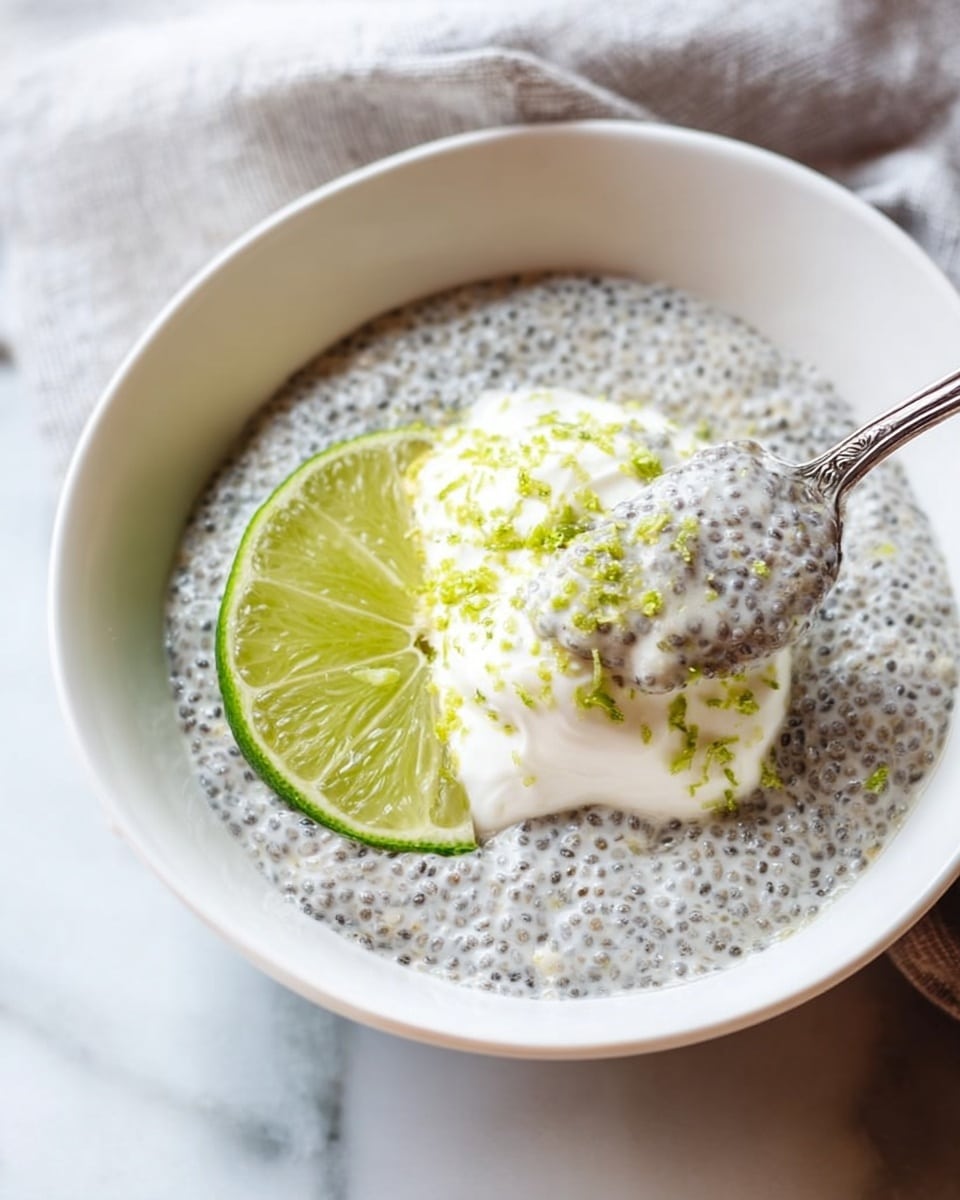 A white bowl filled with a creamy chia seed pudding layer that is light gray with small black seeds spread evenly. On top, there is a thick white cream dollop with green lime zest sprinkled over it, adding texture and color contrast. Next to the cream, a thin slice of lime with light green and yellow tones rests partially buried in the pudding. A silver spoon is scooping some cream and chia seeds from the bowl. The bowl is placed on a white marbled surface with a soft cloth nearby. photo taken with an iphone --ar 4:5 --v 7