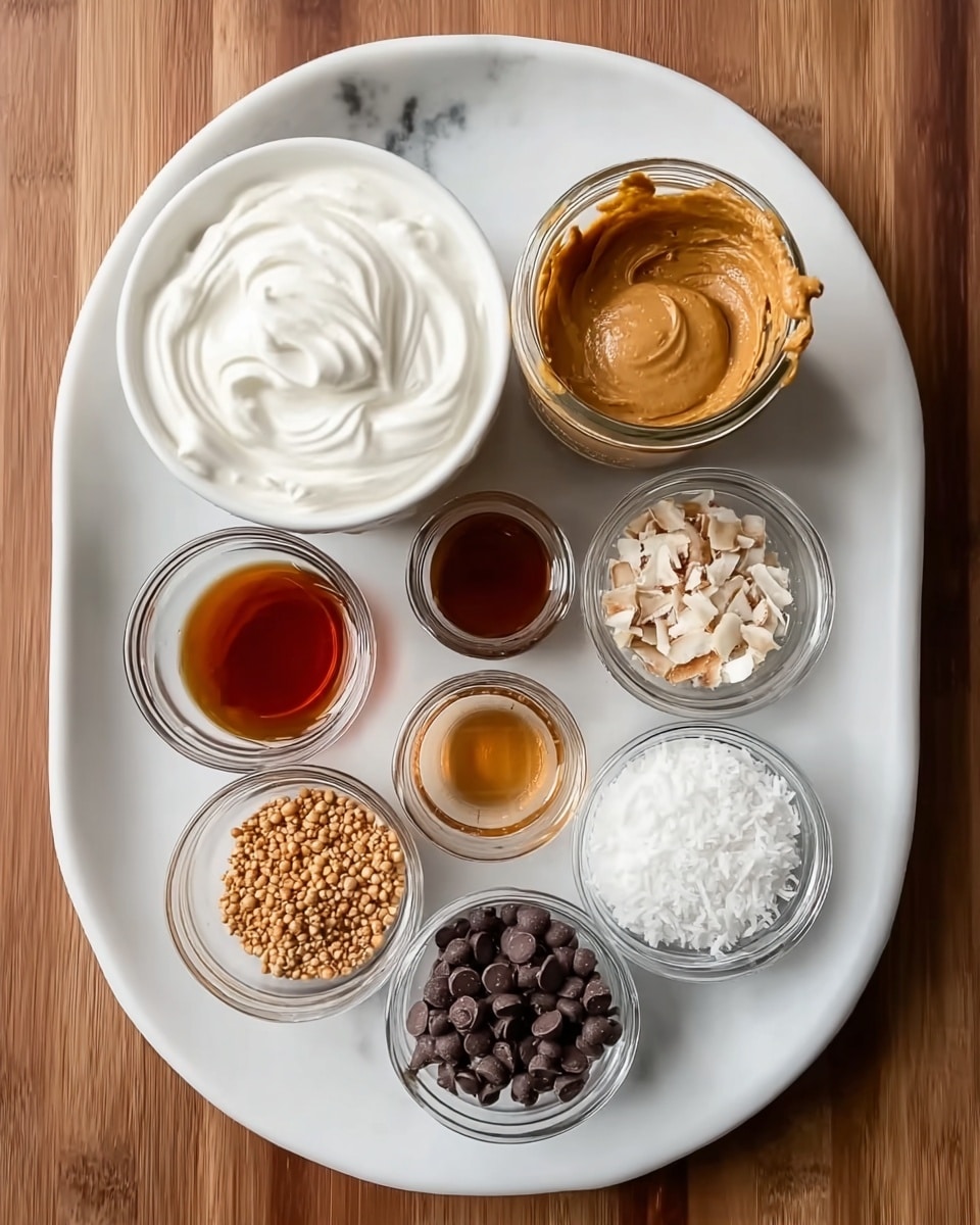 A white oval plate holds eight small glass bowls arranged in a circle with one bowl in the center, all placed on a wooden surface. Starting from the top left and moving clockwise, the largest bowl in the center contains thick white creamy yogurt with soft swirls on top. To its top right, a small jar holds light brown peanut butter with a smooth surface. Next, a clear glass bowl contains dark amber maple syrup with a glossy look, followed by another small bowl with a reddish-brown liquid, likely vanilla or syrup. At the bottom right, a small bowl is filled with white shredded coconut flakes. Near the bottom center is a small bowl with chopped light tan nuts. To the left, a tiny glass bowl holds brown cinnamon powder, and another small bowl contains glossy dark brown chocolate chips. Finally, a small clear bottle with a dark brown liquid, probably vanilla essence, sits next to the cinnamon. The bowls are all clear glass, showing the textures and colors clearly, with the whole setup on a white marbled surface. Photo taken with an iphone --ar 4:5 --v 7