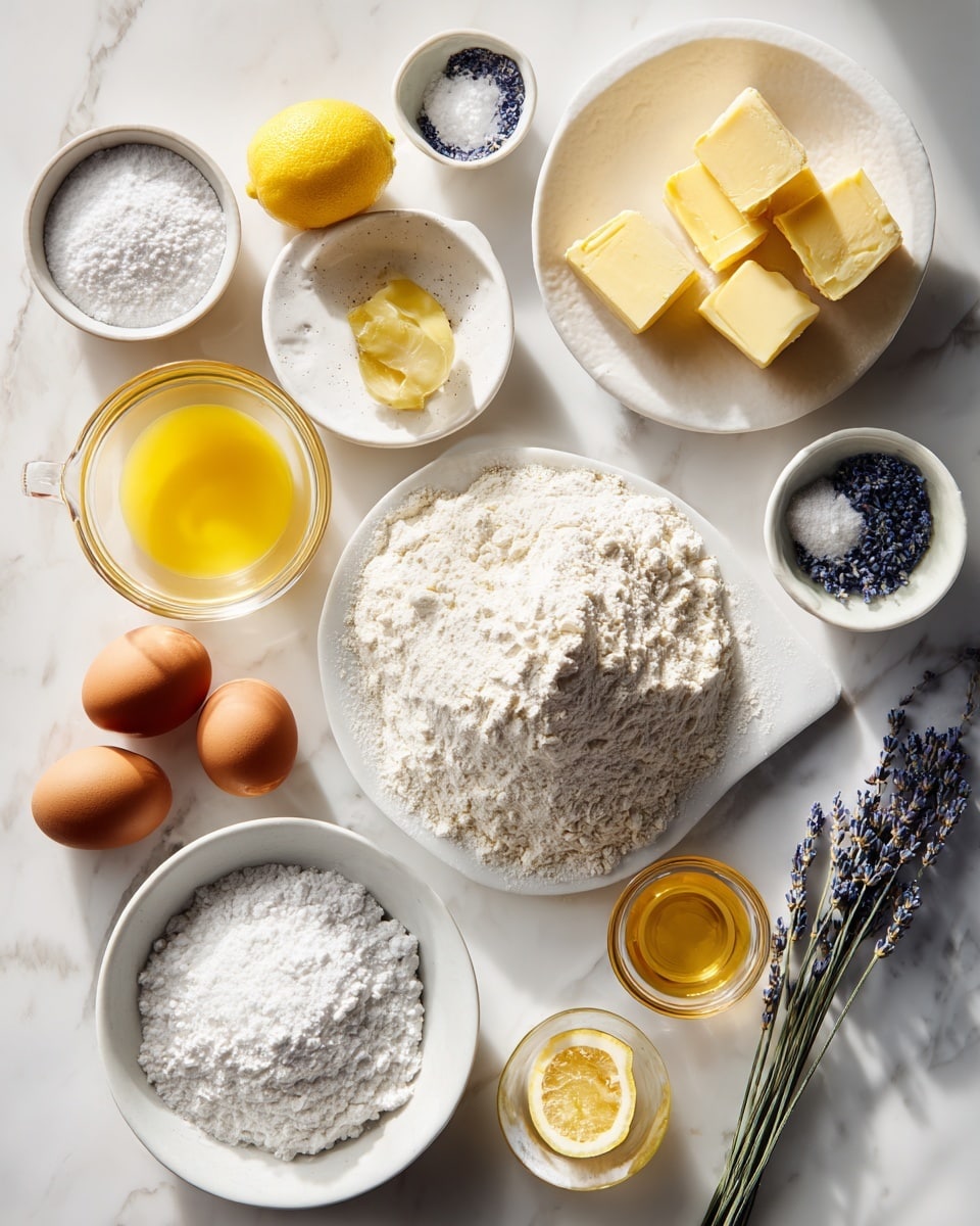 Top-down professional food photography flat lay style, bright white marble countertop, neatly arranged, evenly spaced, tidy, clean organized layout, include: bowl of all-purpose flour, small bowl of powdered sugar, small plate with cold unsalted butter, small bowl of granulated sugar, small plate with large eggs, glass measuring cup with fresh lemon juice, small bowl with lemon zest, small bowl with culinary lavender, small bowl of salt, glass measuring cup of lavender syrup, bright soft natural lighting, sharp focus, high detail textures, realistic reflections, professional DSLR look, 4K, no finished dish, no cooked food, no hands, no text, no watermark, no brand logos --ar 4:5 --v 7