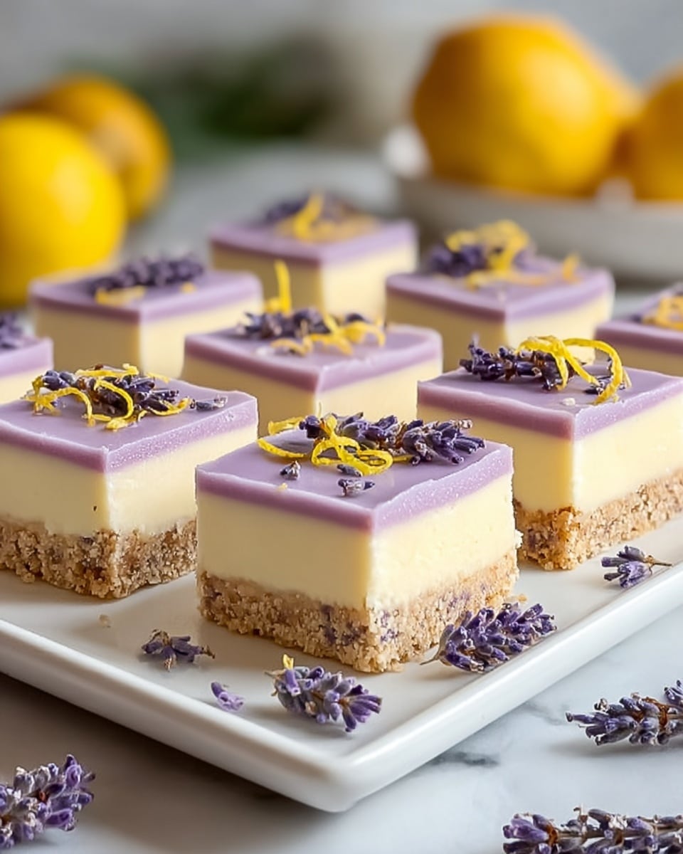 The image shows a white rectangular plate filled with square dessert bars arranged neatly. Each bar has three layers: the bottom layer is a light brown crumbly crust, the middle layer is thick and creamy pale yellow, and the top layer is smooth and light purple. The top is decorated with small sprigs of purple lavender flowers and thin yellow strips, likely lemon zest, scattered nicely on each piece. The plate is set on a white marbled surface, and there are whole yellow lemons and some blurred greenery in the background. Photo taken with an iphone --ar 4:5 --v 7