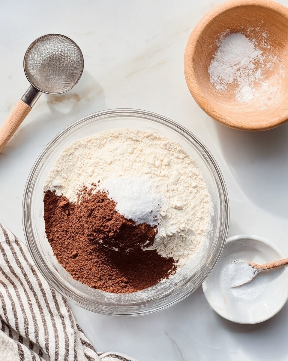 A clear glass bowl sits on a white marbled surface, filled with three layers of dry ingredients: a large section of white flour, a large section of dark brown cocoa powder, and a small pile of white baking soda in the middle. Around the bowl, there is a light wooden bowl with some flour dust inside, a metal measuring cup with a bit of powder, and a white small bowl with a spoon. A striped cloth is partially visible at the bottom left corner. Photo taken with an iphone --ar 4:5 --v 7