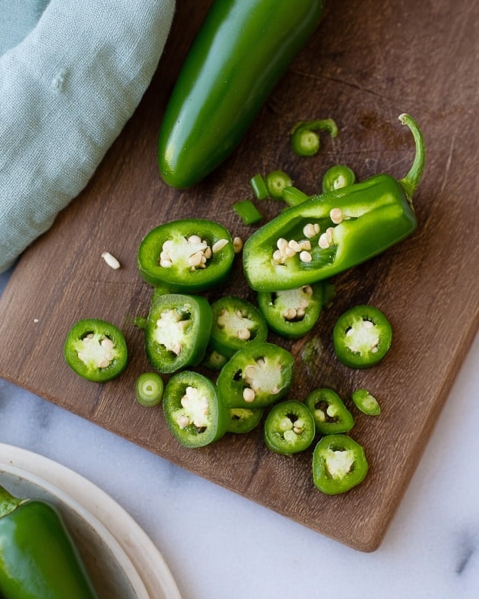 A close-up view of a wooden cutting board with a green jalapeño pepper lying horizontally on top. The pepper is whole at one end and sliced into several round pieces scattered around it, showing the light green inner layers and white seeds. The cutting board sits on a white marbled surface, and a light blue cloth is softly draped in the background. At the bottom edge of the image, part of a white plate with whole jalapeños can be seen. Photo taken with an iphone --ar 4:5 --v 7