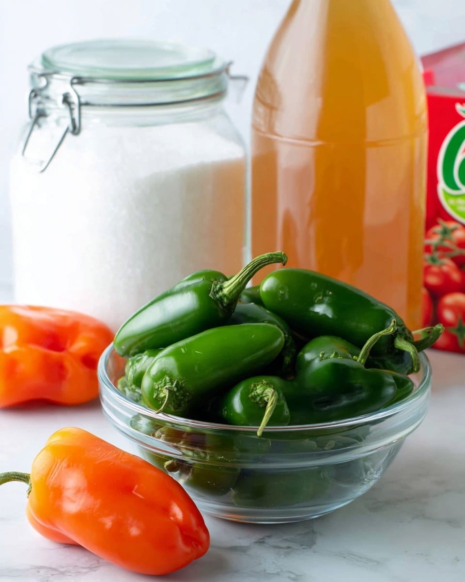 The image shows a clear glass bowl filled with many shiny, fresh green jalapeño peppers sitting on a white marbled surface. In front of the bowl, there are two bright orange bell peppers, one lying flat and the other slightly angled. Behind the bowl of jalapeños to the left, there is a large clear glass jar with a locked metal clasp filled with white granulated sugar. To the right of the jar, a translucent plastic jug filled with a light amber-colored liquid stands tall, and next to the jug, a red box with small images of tomatoes can be seen partially in the background. The scene is bright with soft natural light, emphasizing the fresh vibrant colors of the vegetables and ingredients. photo taken with an iphone --ar 4:5 --v 7