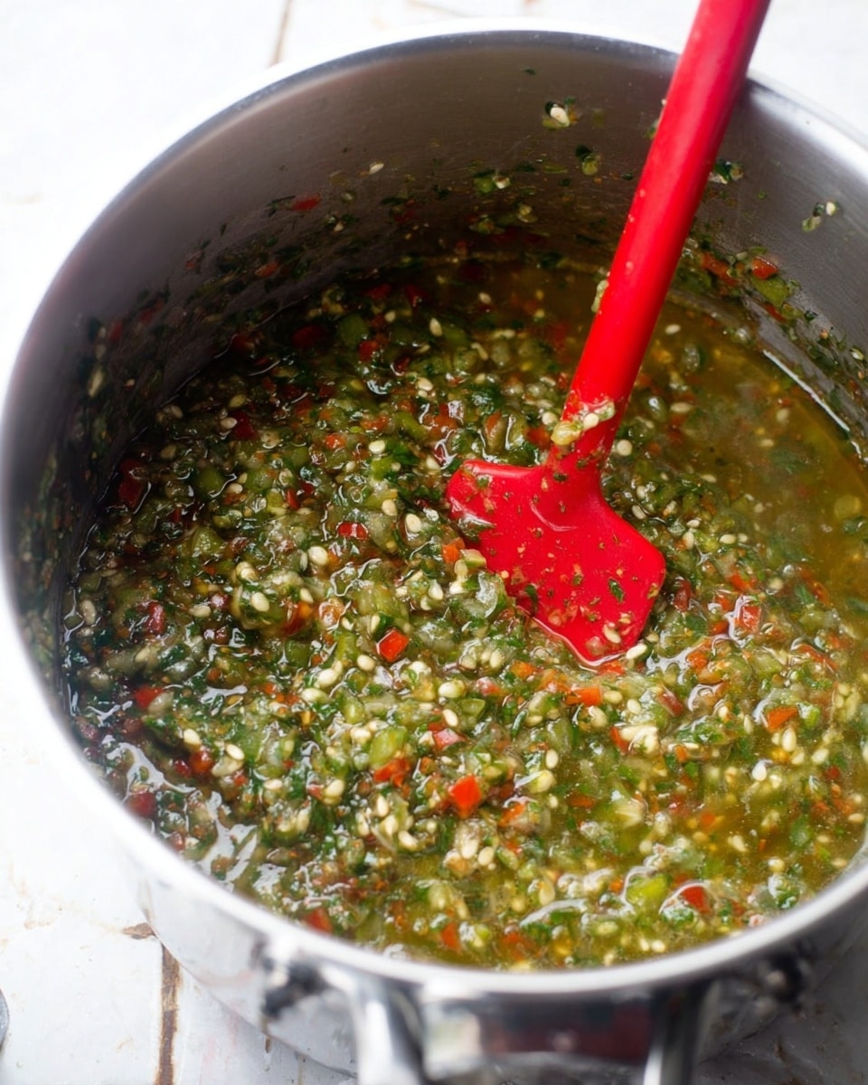 A large silver pot filled with a chunky green sauce that has visible pieces of seeds, diced red and green peppers, and some small bits of herbs or spices. The sauce looks wet and slightly oily with a mix of smooth and textured areas. A red spatula with a smooth surface is partially submerged in the sauce, its handle resting inside the pot. The pot is on a surface with a white marbled texture photo taken with an iphone --ar 4:5 --v 7