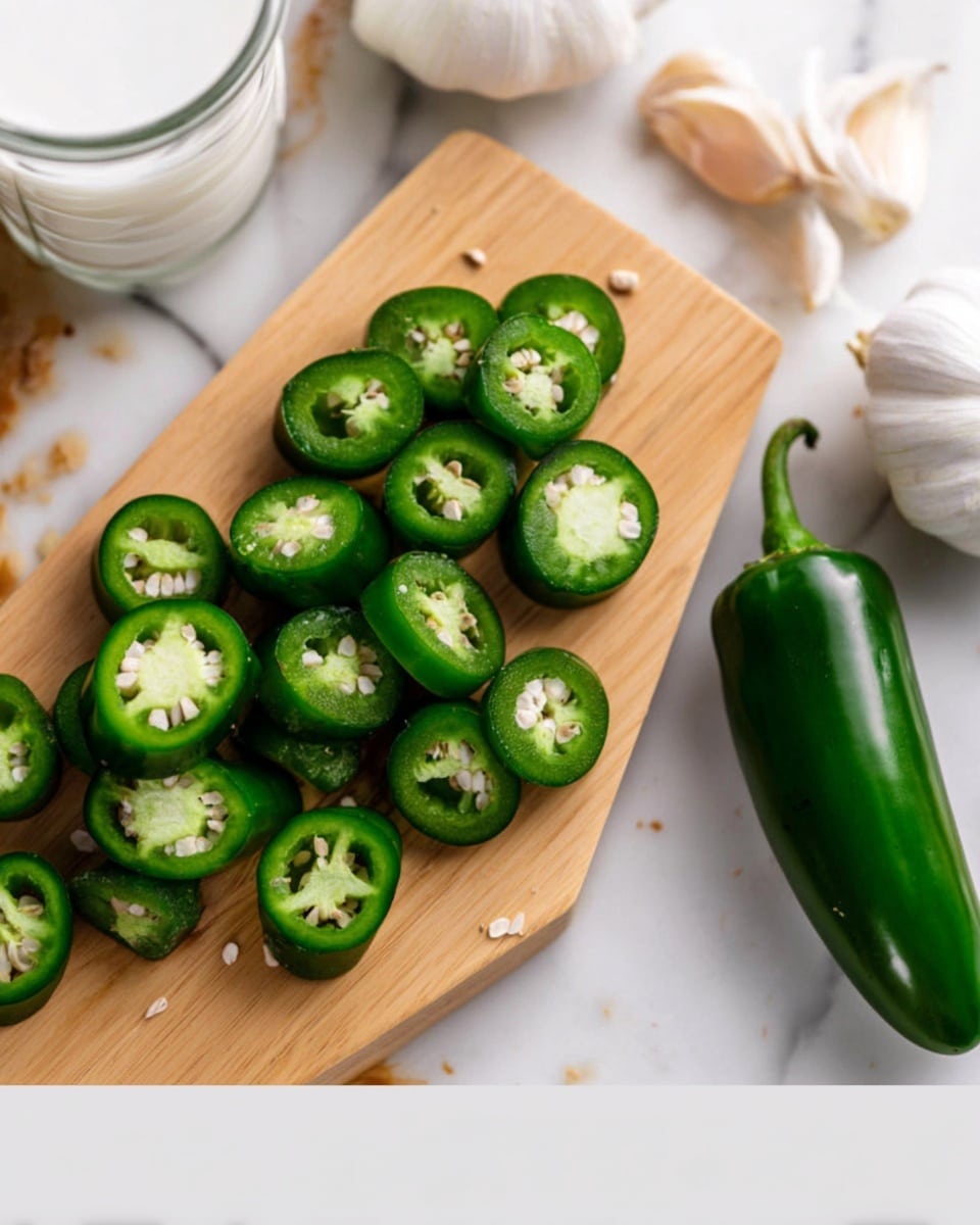 The image shows a wooden board on a white marbled surface with slices of fresh green jalapeño peppers arranged closely together, showing their seeds and inner texture. One whole jalapeño lies next to the board on the right side, along with a white bulb of garlic and a glass of milk in the background. The colors are vivid with the green of the peppers contrasting against the wood and white marble. A woman's hand is partly visible, holding the edge of the board. The lighting is bright and natural. photo taken with an iphone --ar 4:5 --v 7