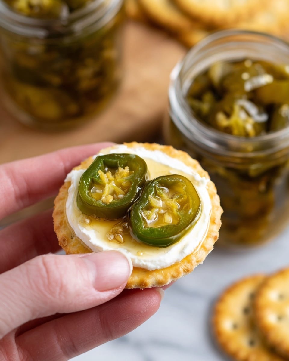 The image shows a close-up of a woman's hand holding a round cracker with a smooth, cream cheese layer on top. On the cream cheese, there are two glossy, greenish-yellow slices of pickled jalapenos with visible seeds. Two small glass jars filled with more pickled jalapeno slices are visible in the background on a white marbled surface, along with more crackers. The colors are warm and natural, focusing on the contrast between the creamy white, golden cracker, and translucent spicy jalapenos. Photo taken with an iphone --ar 4:5 --v 7