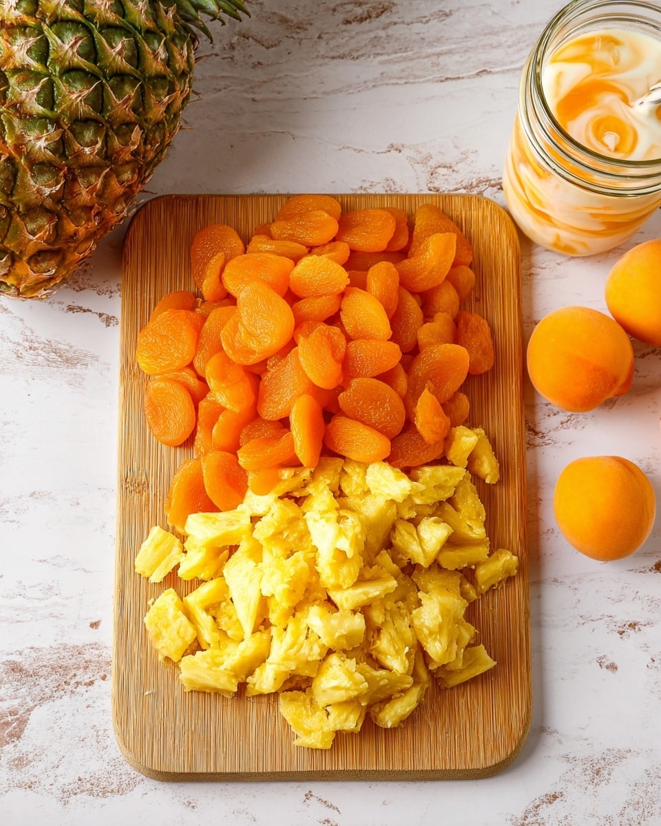 The image shows a wooden cutting board placed on a white marbled surface with two piles of chopped fruit. The top pile is bright orange pieces of apricot with a soft, slightly wet texture. The bottom pile is golden yellow crushed pineapple with a juicy, fibrous look. To the right of the cutting board, there are two whole apricots and a glass jar with a layered drink inside with light cream and orange swirls near the top left corner of the image lies a whole pineapple. photo taken with an iphone --ar 4:5 --v 7