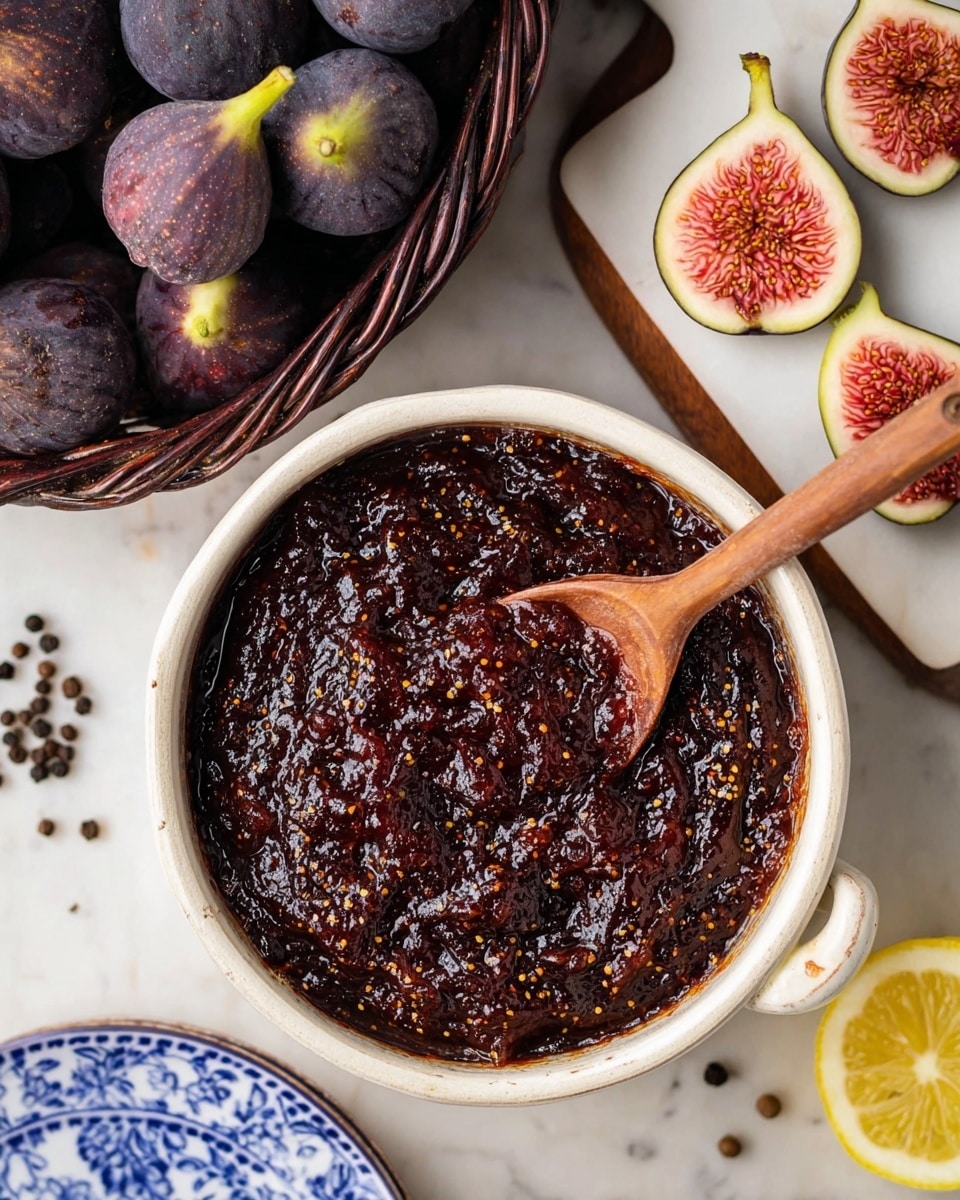 A white pot filled with thick, dark reddish-brown fig jam with visible seeds and a glossy texture has a wooden spoon resting inside, coated with the jam. Above it, there is a dark wicker basket full of whole purple figs with green stems. To the right, a white wooden board holds two fig halves showing their bright red and pink inside. Part of a blue floral plate with a large lemon slice is visible at the bottom right. The background is a white marbled surface with scattered whole black peppercorns near the bottom left. Photo taken with an iphone --ar 4:5 --v 7