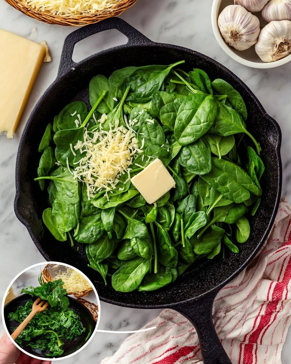 A black skillet on a white marbled surface is filled with a large pile of fresh, bright green spinach leaves that look smooth and slightly glossy. On top of the spinach, in the center, there is a small square of pale yellow butter and some finely chopped garlic. Around the skillet, there are some scattered pieces of shredded pale yellow cheese and a light block of cheese near the top. To the right, there is a small white bowl filled with whole garlic bulbs, and one garlic bulb rests on the surface next to it. On the left side at the bottom, a woman's hand is holding a basket with more fresh spinach leaves, and there is a white cloth with red stripes placed under it. The image also includes a smaller inset showing the spinach cooked down, now darker green and softened, being stirred with a wooden spatula in the same skillet. Photo taken with an iphone --ar 4:5 --v 7