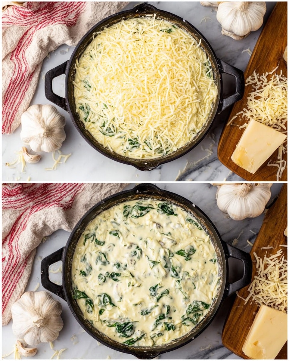 The dish is shown in a round black cast iron pan on a white marbled surface. The first layer is creamy and light yellow with green spinach leaves spread through it, giving it a mixed texture of smooth cream and leafy vegetables. The second image adds a thick layer of shredded pale yellow cheese covering the top evenly, hiding the spinach mix underneath. Around the pan, there are several whole garlic bulbs in a white bowl, a wedge of hard cheese with thin slices grated nearby, a wooden spatula with some creamy sauce on it, and a wooden cutting board with more shredded cheese. A white towel with red stripes is also visible in the top left corner. Photo taken with an iphone --ar 4:5 --v 7