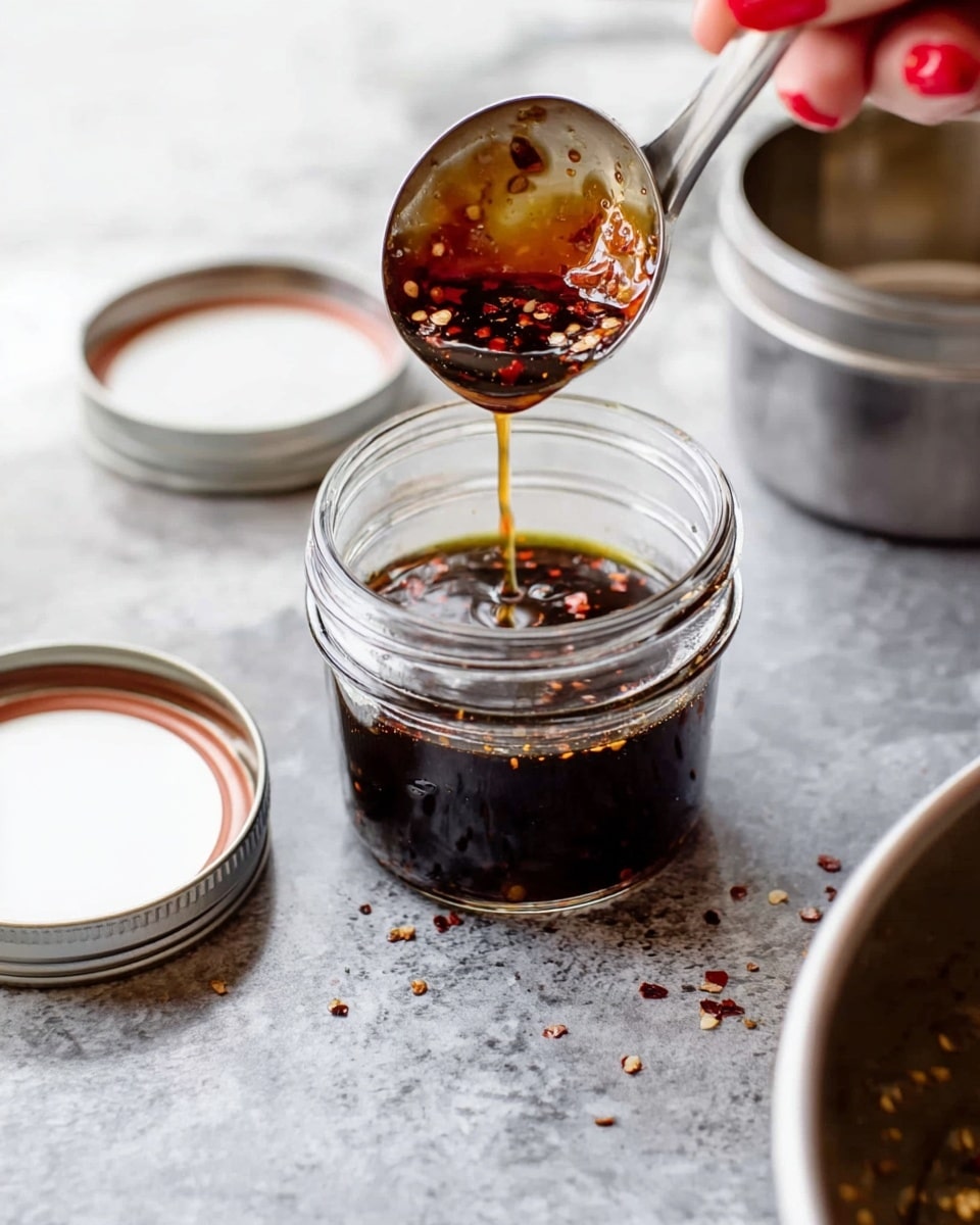 A small clear glass jar filled with dark amber sauce mixed with visible red chili flakes is being poured from a metal ladle held by a blurred woman's hand with red nail polish. The jar sits open on a gray textured table with a white marbled texture, surrounded by two jar lids placed nearby, and part of a large metal bowl visible on the right side. The sauce looks thick and shiny with small bits of seasoning floating inside photo taken with an iphone --ar 4:5 --v 7