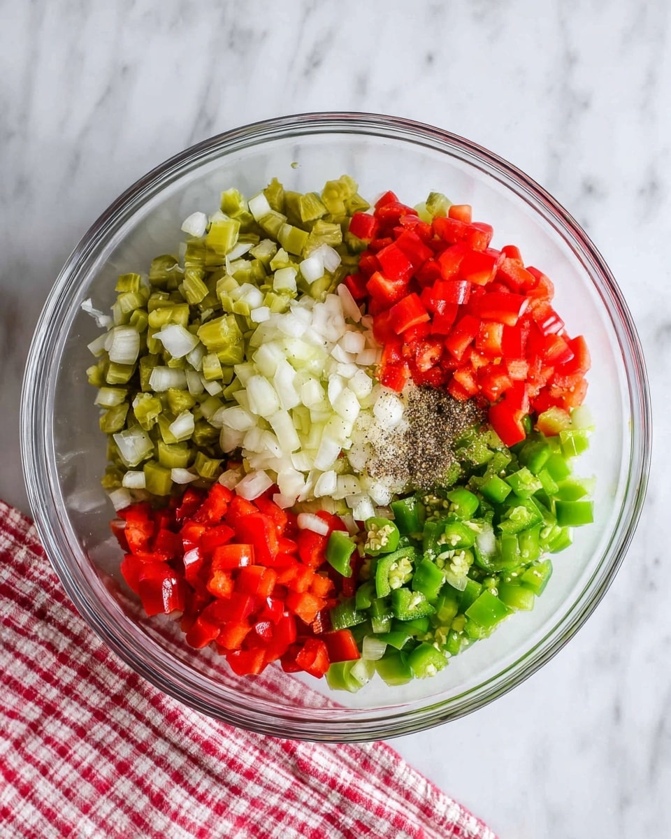 A clear glass bowl sits on a white marbled surface with a red and white checkered cloth partially visible on the bottom right. Inside the bowl are six distinct sections of small chopped ingredients arranged neatly. The top left section contains light green chopped pickles, the top center has off-white finely minced garlic, the top right shows bright red chopped bell peppers, the bottom right holds black ground pepper over white and red diced onions, the bottom center left displays bright green chopped jalapeno peppers, and the bottom left includes pale green chopped pickles. The colors are fresh and vibrant, showing different textures from smooth to slightly crunchy. photo taken with an iphone --ar 4:5 --v 7