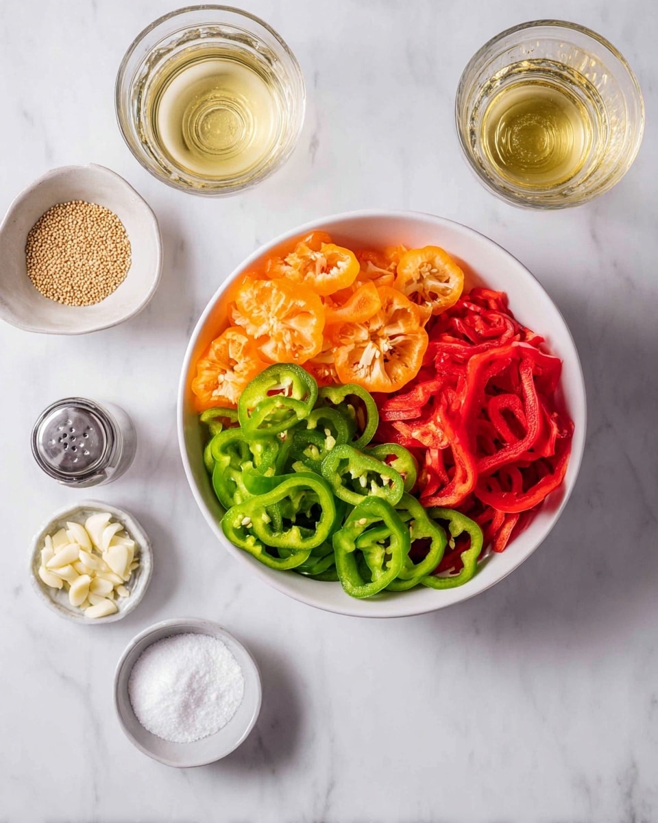 A white bowl is filled with four sections of thinly sliced peppers arranged by color and shape: orange wheel shapes at the top, bright green rings to the right and left sides, and bright red rings at the bottom. Surrounding the bowl on a white marbled surface are small bowls and containers holding light brown mustard seeds, white granulated sugar, garlic cloves, salt in a shaker, and two glasses of clear liquid, one slightly golden and one clear. The scene is brightly lit with soft shadows, showing a clean and fresh setup. photo taken with an iphone --ar 4:5 --v 7