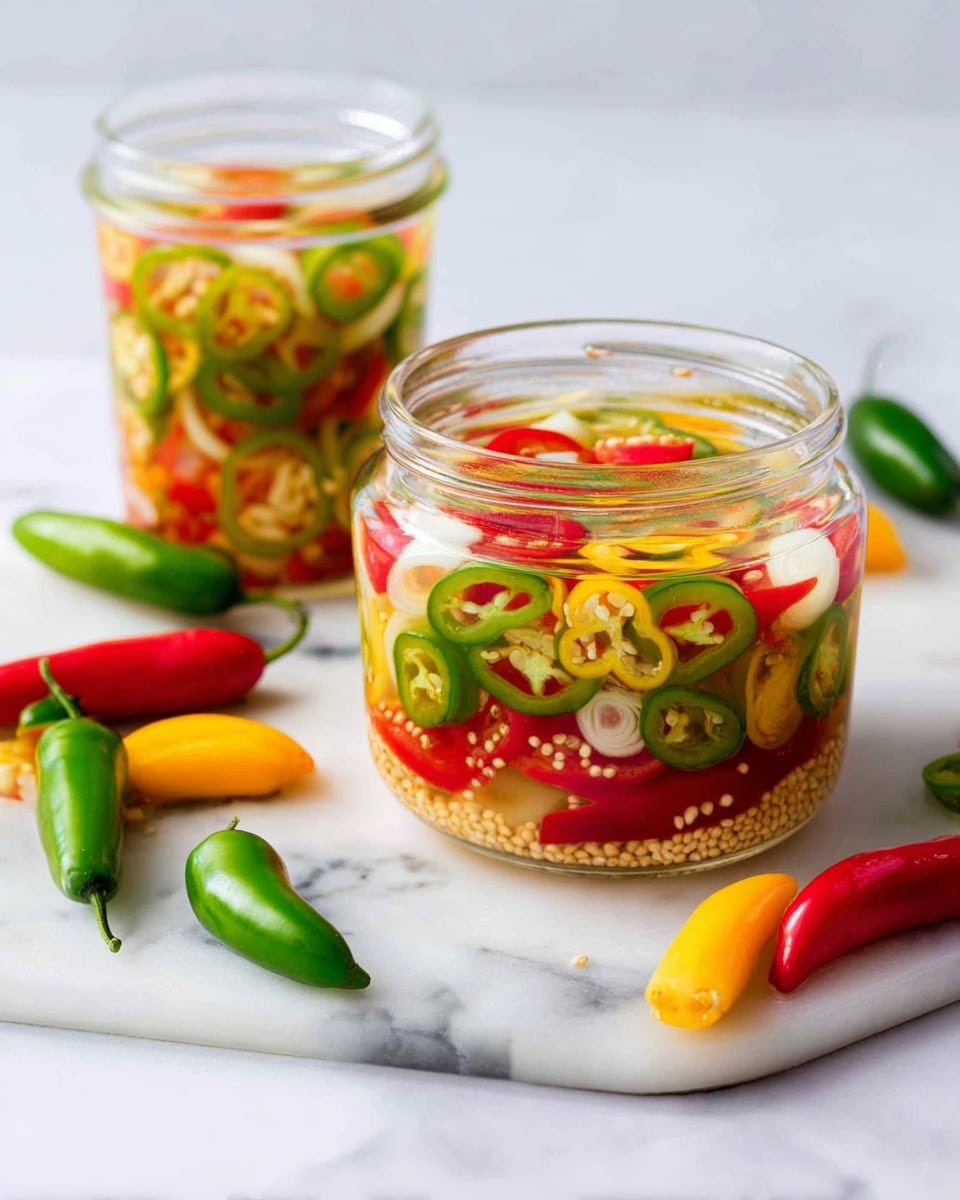 The image shows two clear glass jars filled with sliced red, green, and yellow chili peppers layered with mustard seeds and white onion slices inside. Both jars are placed on a white marble surface, with the larger jar in the front and the smaller one behind it to the left. The peppers are thinly cut into rings creating colorful layers that fill the jars almost to the top. Around the jars, there are whole fresh chili peppers in green, red, and yellow colors scattered on the white marble surface, adding a fresh and vibrant look. The overall scene is bright and clean with a focus on the colorful peppers in the jars. photo taken with an iphone --ar 4:5 --v 7