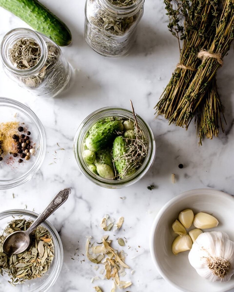 The image shows a white marbled surface with several items used for pickling. In the center, there is an open clear glass jar filled with small green cucumbers and some dried herbs on top. Surrounding the jar are dried herb bunches tied together on the right, a whole garlic bulb near the top right, and a white bowl full of peeled garlic cloves at the bottom right. On the left side, there is an empty clear glass bowl with various spices inside and a metal measuring spoon resting on the bowl's edge. Another closed clear glass jar filled with dried herbs is visible near the top center. A single green cucumber is placed near the top left. Photo taken with an iphone --ar 4:5 --v 7