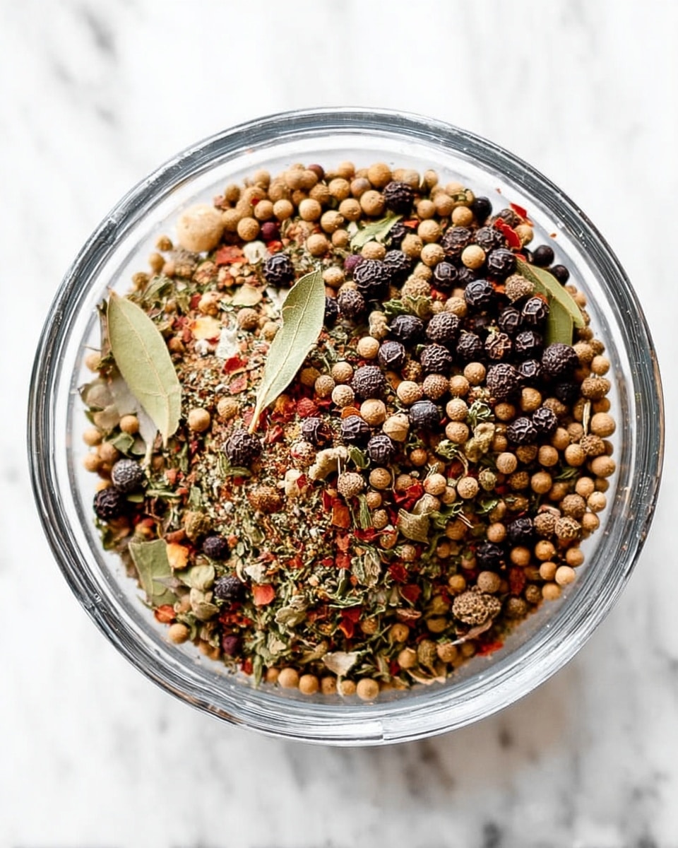 A clear glass bowl sitting on a white marbled surface, filled with a mix of dried spices and herbs. The top layer shows round black peppercorns, light brown coriander seeds, greenish dried bay leaves and sprigs of thyme. There are also small red chili flakes scattered throughout. The colors are mostly earth tones with splashes of green and red, and the textures vary from smooth round seeds to dry, crinkled leaves. The image is bright and clear, showing the details of each spice. Photo taken with an iphone --ar 4:5 --v 7