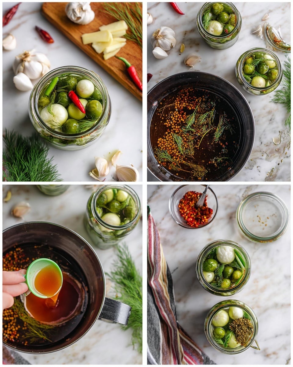 The image shows four close-up views of a pickling process on a white marbled surface. The top left shows a glass jar filled with green round vegetables, garlic cloves, dill sprigs, and a small red chili on top, with a wooden cutting board holding garlic pieces and chili in the background. The top right shows a pot with dark brown liquid filled with scattered mustard seeds, peppercorns, and a measuring spoon with red paste resting beside a clear bowl. The bottom left shows a woman’s hand pouring a reddish liquid with spices from a measuring cup into a jar filled with the same green vegetables and garlic, while a colorful whisk is in the pot. The bottom right shows two jars filled with green vegetables, garlic, dill, mustard seeds, and small red chili, with one open jar lid and a striped cloth nearby. Photo taken with an iphone --ar 4:5 --v 7