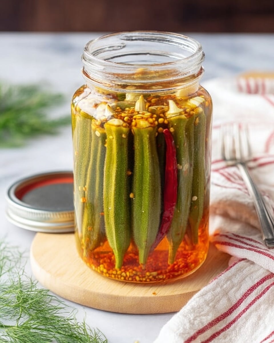 A clear glass jar filled with whole green okras standing upright, immersed in a bright orange liquid with visible mustard seeds scattered through it. Inside the jar, a single red chili pepper is positioned vertically among the okras, and some small white garlic cloves are seen near the top. The jar sits on a light wooden board, on a white marbled surface, with a silver lid and a small fork resting nearby. A striped cloth with red and white lines is placed to the right side, and some sprigs of fresh dill are partially visible at the bottom left. Photo taken with an iphone --ar 4:5 --v 7